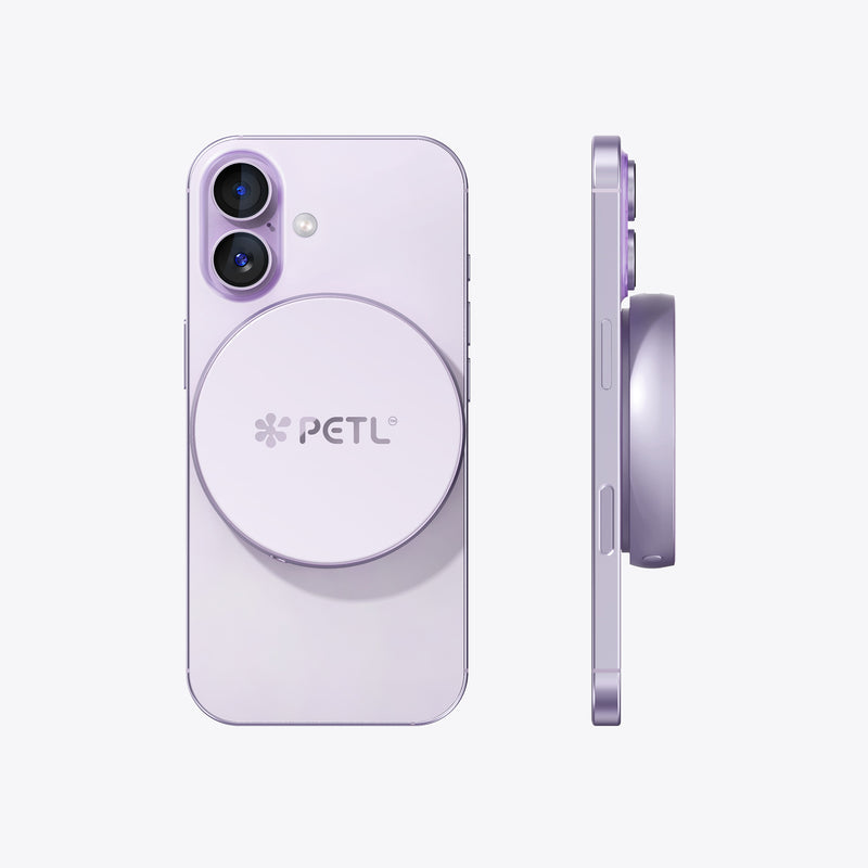 PETL MagSafe battery pack in lavender shown from front and side views with dual camera cutout.