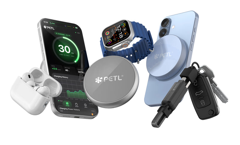 PETL MagSafe battery pack charging an iPhone, Apple Watch, and AirPods — with the PETL app showing live charging stats and the PETL keychain cable