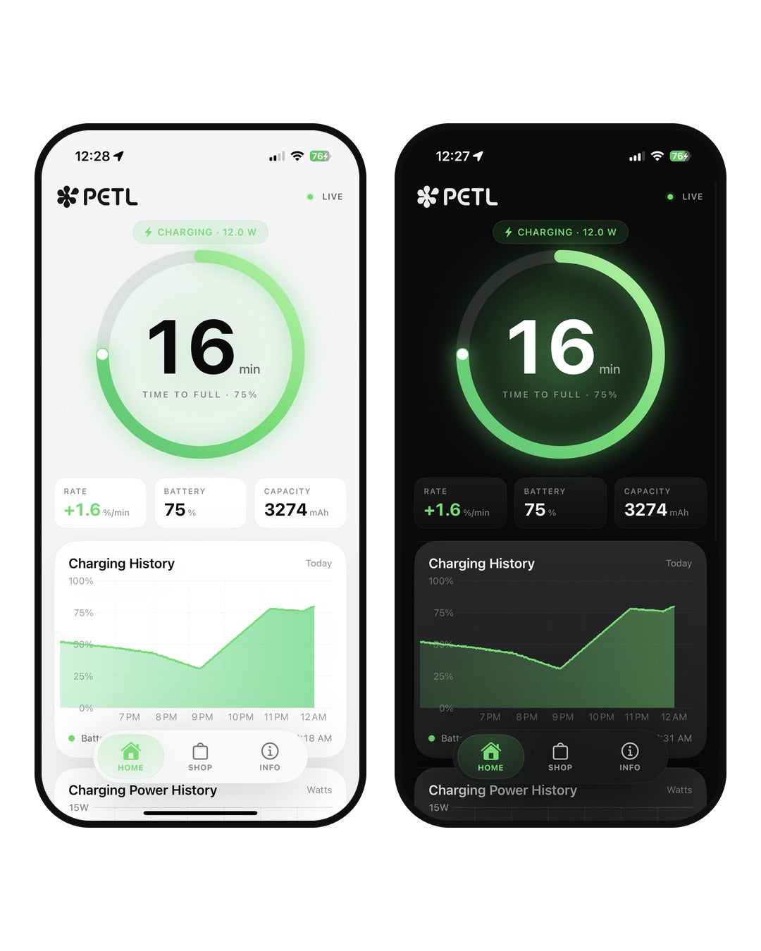 PETL battery app interface showing 27% charge level in light and dark modes with charging history graphs.