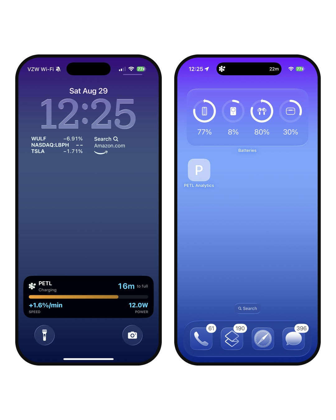 Two iPhone lock screens displaying PETL charging widget showing 17m to full charge, 85% battery, and 5.0W power output.