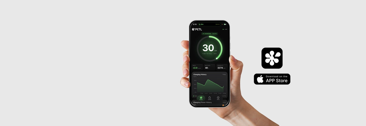Hand holding a smartphone displaying the PETL app with a 33% battery indicator and App Store download button.