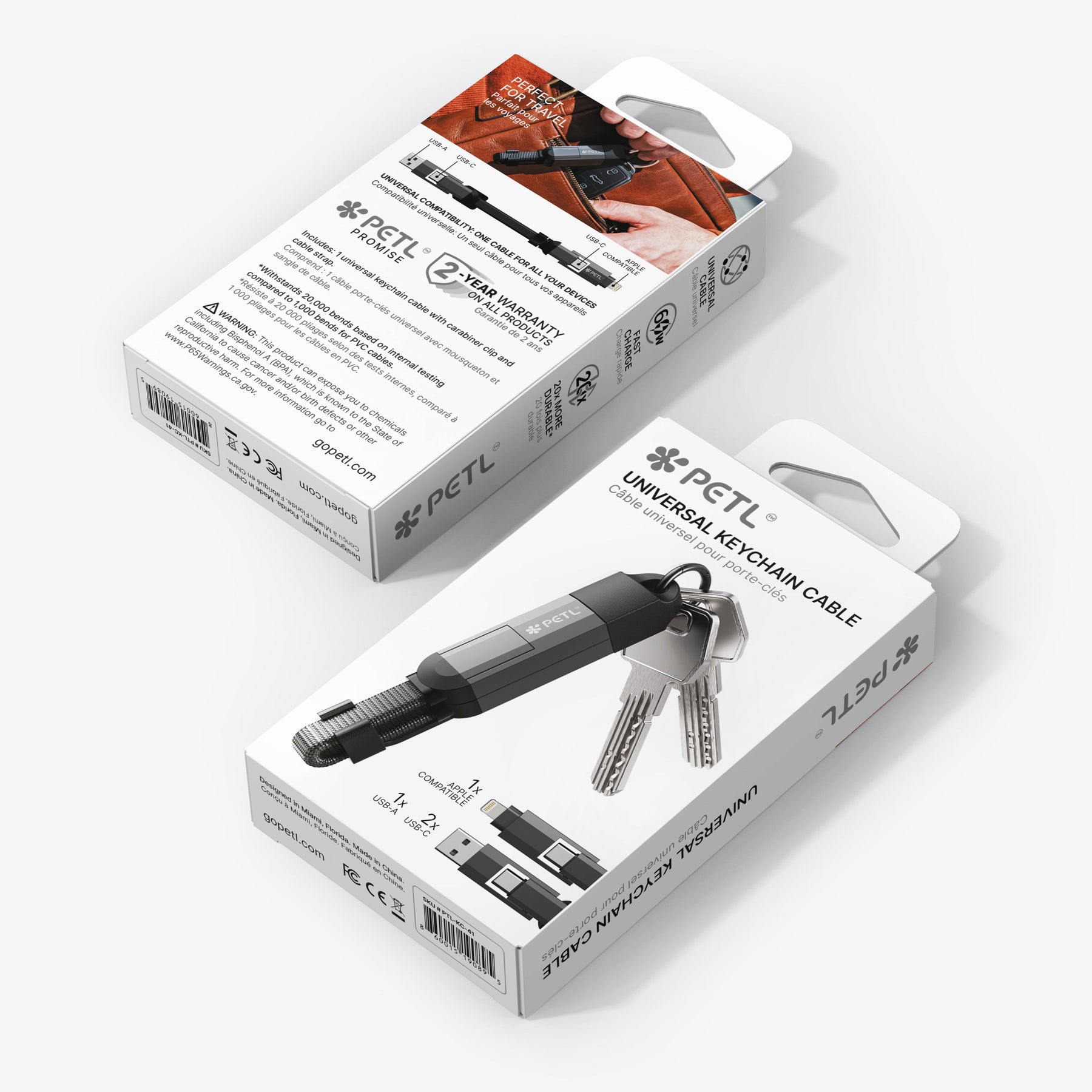 PETL 4-in-1 Keychain Cable. USB-C to USB-C, USB-C, USB-A to Lighting - goPETL