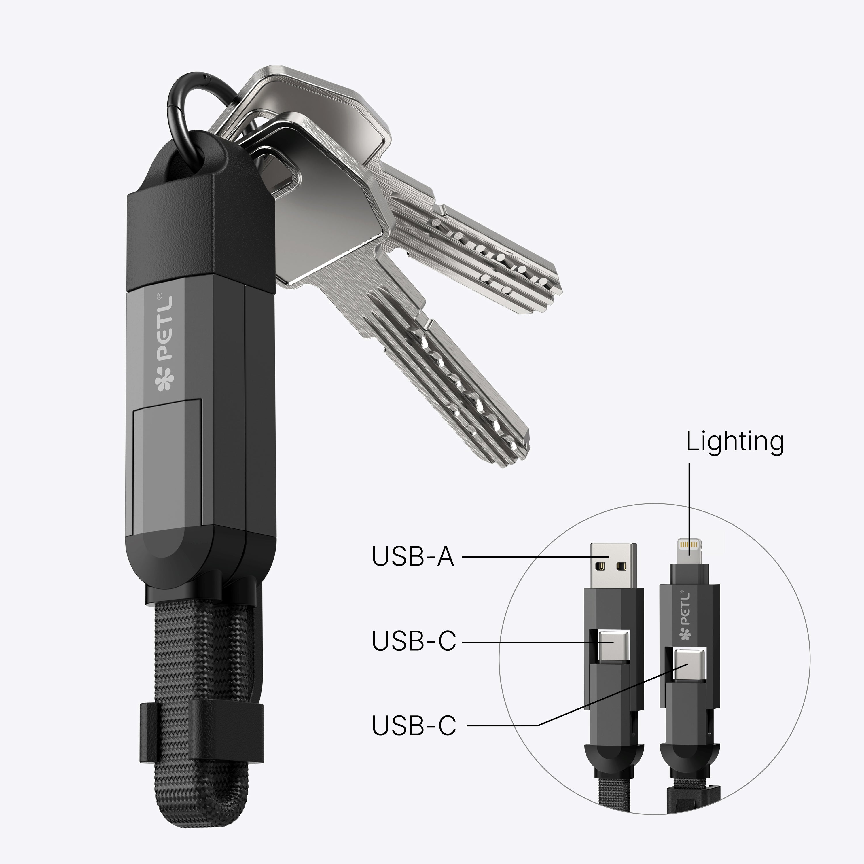 PETL 4-in-1 Keychain Cable. USB-C to USB-C, USB-C, USB-A to Lighting - goPETL
