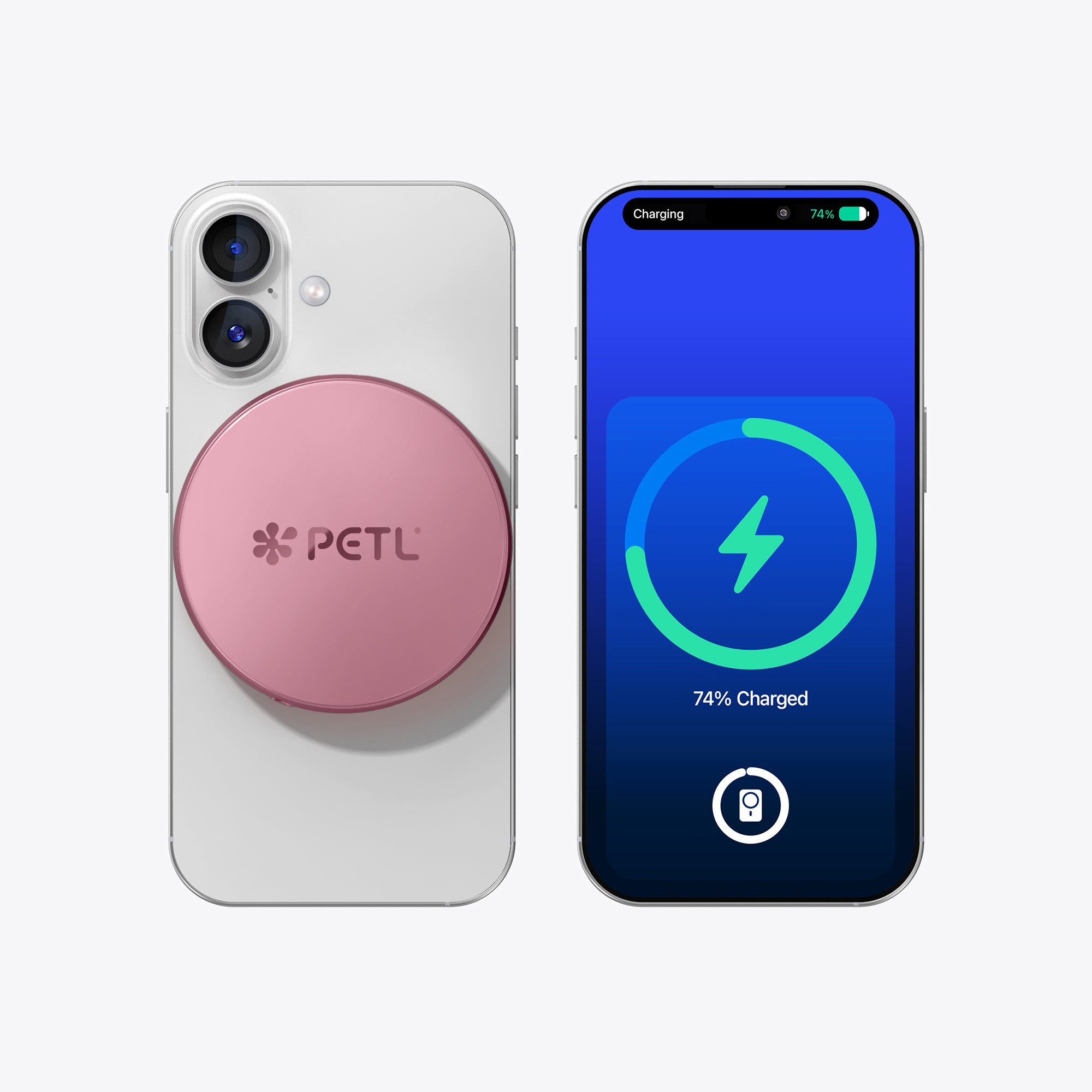 PETL MagSafe battery pack in pink attached to white iPhone showing 74% charge on phone screen.
