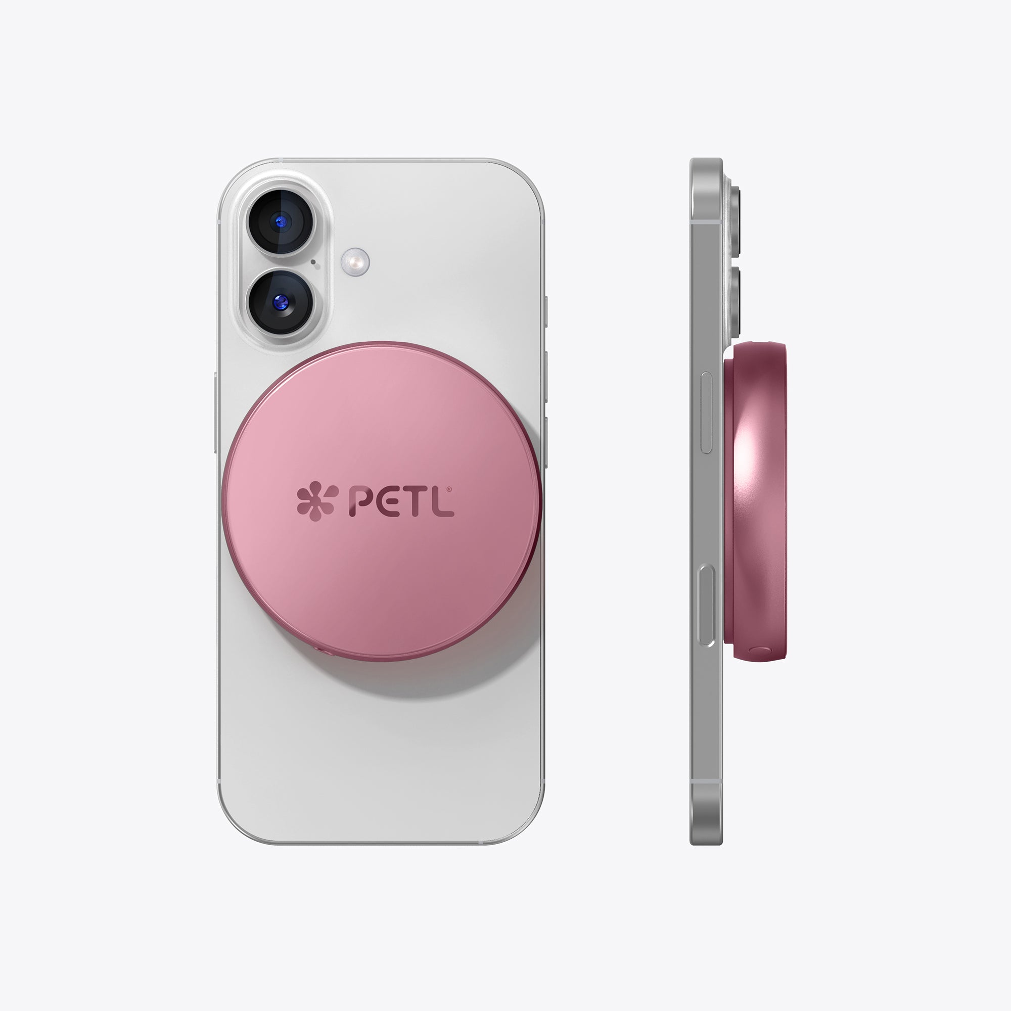 PETL MagSafe battery pack in mauve pink shown front and side view attached to a white smartphone.