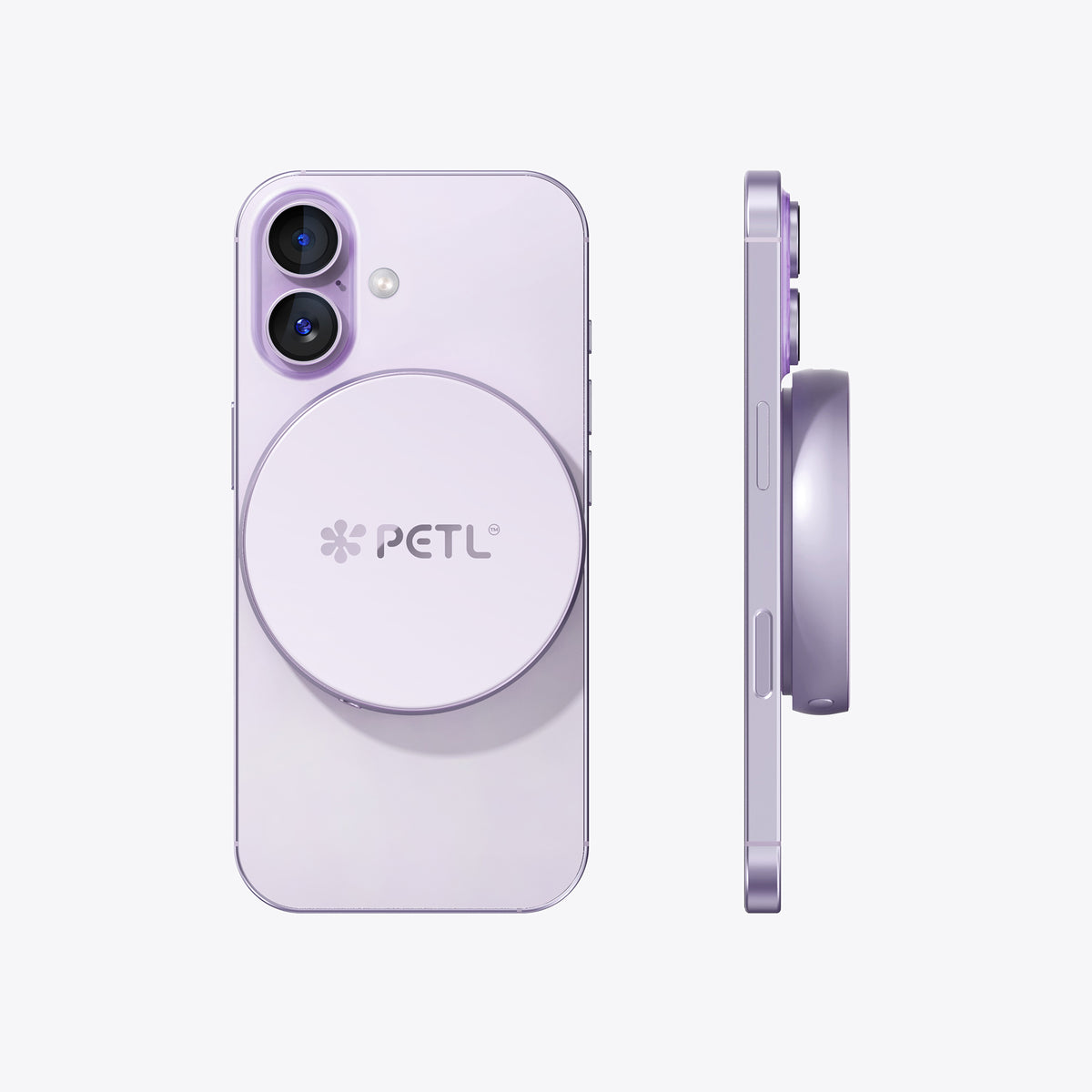 PETL MagSafe battery pack in lavender shown from front and side views with dual camera cutout.