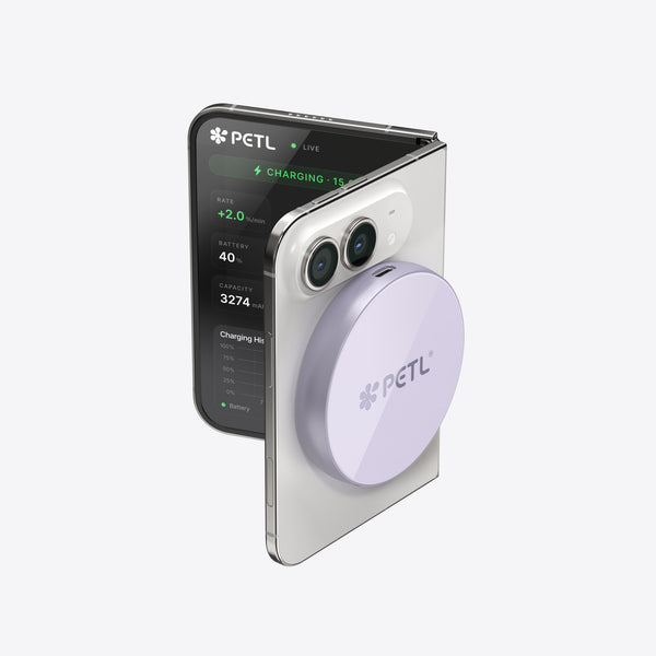 PETL MagSafe battery pack in lavender shown from front and side views with dual camera cutout.